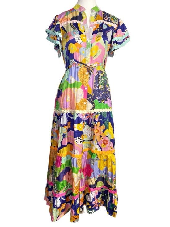 CeliaB Dresses & Skirts - Celia B Vibrant Abstract Print Tiered
Button Down Maxi Dress - Scallop Trim